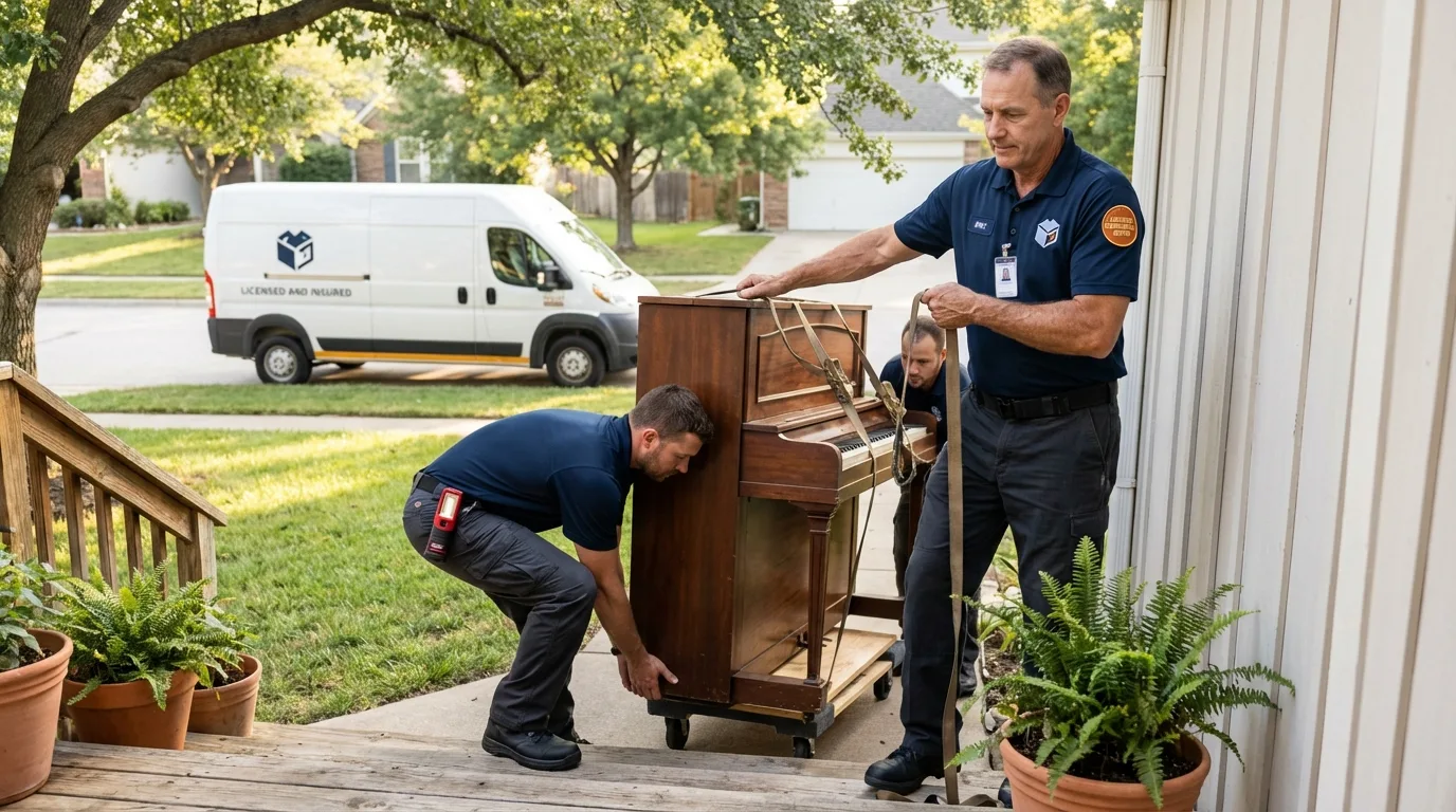 Licensed piano movers securing grand piano in Vienna, MO